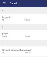 Zoznam cenníkových položiek v mobilnej aplikácii mPohoda