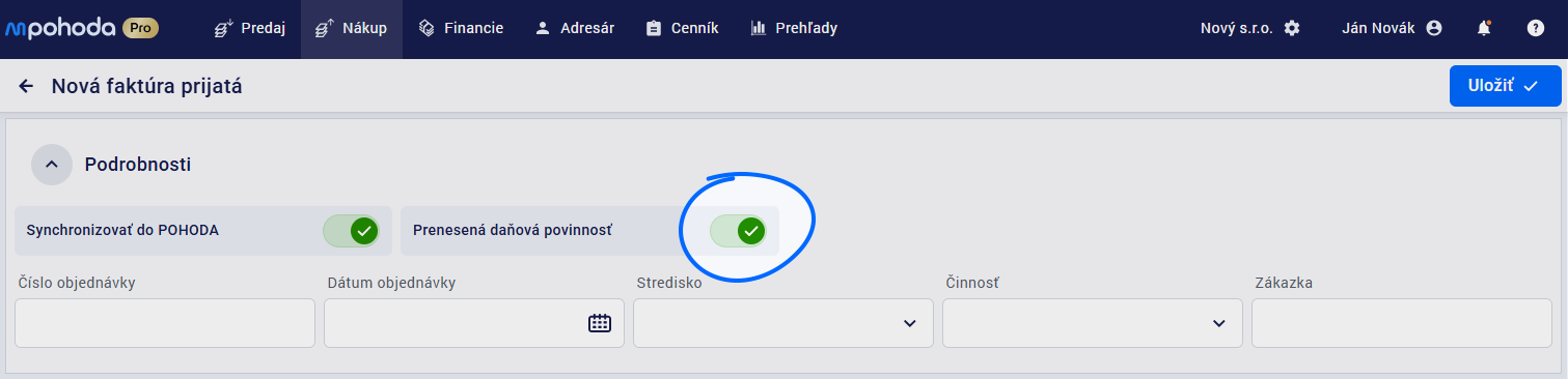 Zapnutím switchu Prenesená daňová povinnosť sa ti pri všetkých nových položkách nastaví Typ DPH Prenesená automaticky,